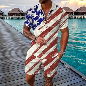 Men's summer 2-piece polo set with vintage US flag print on short sleeve shirt and shorts