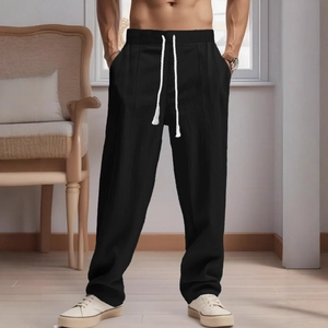 Pantaloni Casual Uomo Misto Lino Cotone Gamba Dritta Coulisse Vita Elastica Tinta Unita Larghi da Spiaggia Con Tasche