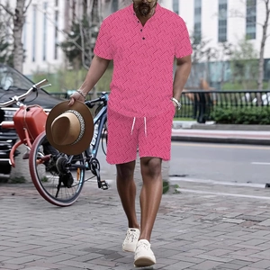 Men's bright pink summer casual beach set with white geometric pattern and Henley collar