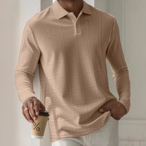 Detailed view of long-sleeved polo shirt with khaki herringbone jacquard textured fabric