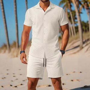 Men's summer two-piece short sleeve shirt and drawstring shorts set in beige jacquard fabric