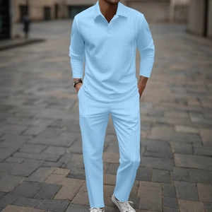 Men's Casual 2 Piece Set Long Sleeve Polo Shirt And Pants Textured Jacquard Waffle Knit Suit For Spring Autumn Urban Wear