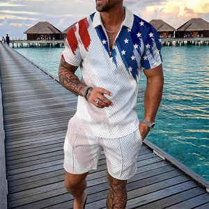 Men's casual 2-piece polo set with 3D American flag print and zip collar on beach
