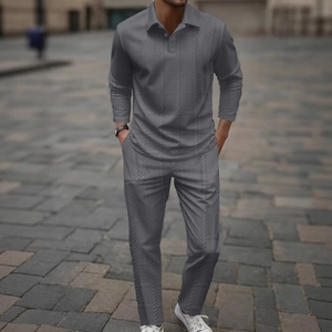 Ensemble polo manches longues et pantalon pour homme en tissu jacquard gris foncé
