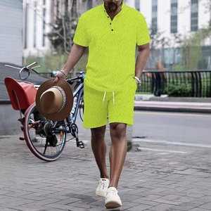 Men's summer casual set in lime green with geometric texture, short sleeve shirt and shorts