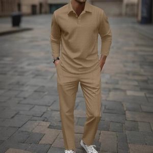Men's khaki long sleeve polo and pants set with textured waffle weave fabric