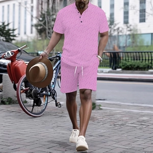Summer men's pink geometric print casual short sleeve Henley shirt and shorts set