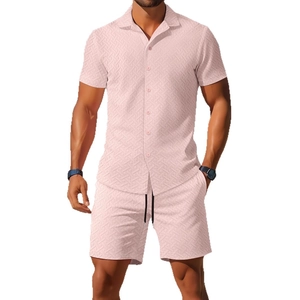 Men's summer short sleeve shirt and shorts set in light pink waffle textured fabric