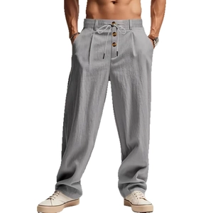 Pantaloni in lino da uomo a gamba dritta grigio chiaro con coulisse e bottoni in legno