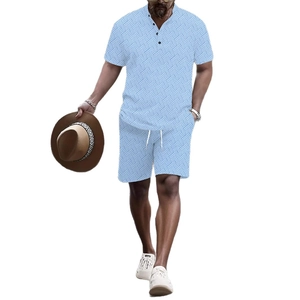 Men's light blue summer set with short sleeve Henley shirt and shorts in geometric pattern