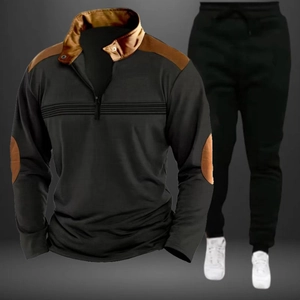 Men's casual long sleeve polo set in black with brown suede patchwork details