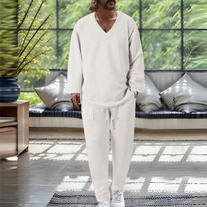 Men's Casual Long Sleeve V-Neck Top And Drawstring Pants Textured Knit Polyester Blend Loungewear Outfit Spring Autumn