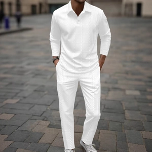 Ensemble Homme Décontracté en Maille Jacquard Polo à Manches Longues et Pantalon Tenue d Automne Top And Bottom