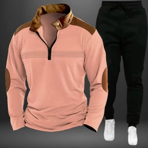 Men's pink quarter-zip long sleeve polo shirt with brown contrast shoulder patches