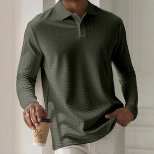 Detail of olive green long sleeve polo shirt showing unique textured knit fabric for men
