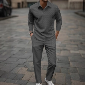 Men Smart Casual Long Sleeve Polo Shirt And Trousers With Chevron Texture Ribbed Knit Cotton Blend Suit For Spring Autumn