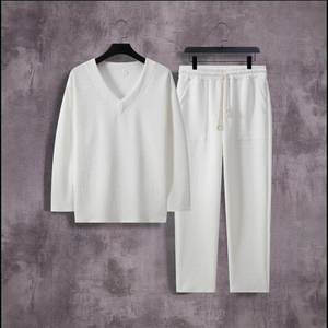 Men's casual white waffle knit lounge set with V-neck long sleeve top and drawstring pants