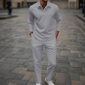 Men's grey 2-piece casual polo set with textured waffle knit long sleeve shirt and pants
