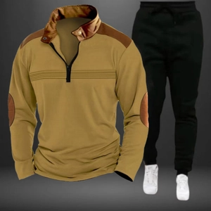 Men's mustard yellow half-zip long sleeve polo shirt and black jogger pants tracksuit set