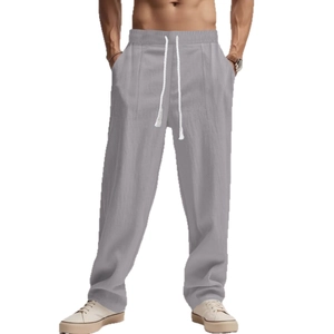 Pantaloni casual in lino grigio da uomo con coulisse e tasche frontali stile cargo
