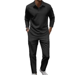 Men's casual black long sleeve Polo shirt and pants set with textured jacquard fabric