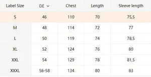 Detailed size chart for men jacket with chest and length measurements in centimeters