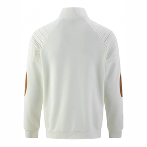 Men's casual white stand collar jacket with quilted shoulder detail and elbow patches