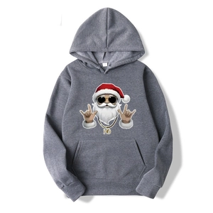 Detail of Santa Claus print on dark gray hoodie with oversized front pocket