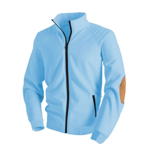 Men's sky blue stand collar jacket with unique pleated shoulders and elbow patches