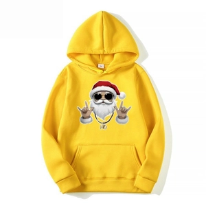 Yellow Christmas hoodie with hip-hop Santa Claus print and front kangaroo pocket