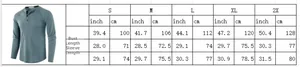Detailed size chart for men's long sleeve Henley shirt showing chest and length measurements