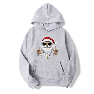 Detail of grey hoodie with hip-hop Santa print, kangaroo pocket and ribbed cuffs