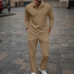 Men's khaki long sleeve polo shirt and pants set with textured herringbone fabric
