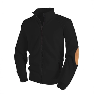 Men's black stand collar jacket with ribbed cuffs and brown elbow patches