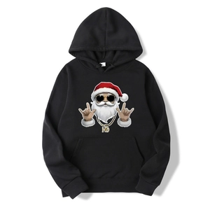 Close-up of Santa Claus hip-hop print on black drawstring hoodie with kangaroo pocket