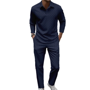 Men's navy long sleeve polo shirt and trousers set with textured knit fabric