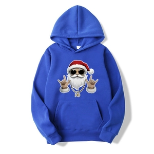 Detail shot of blue hoodie with hip-hop Santa Claus print and front pocket pouch