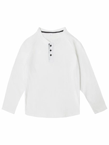 Detail shot of white waffle knit Henley shirt collar with three black buttons and label