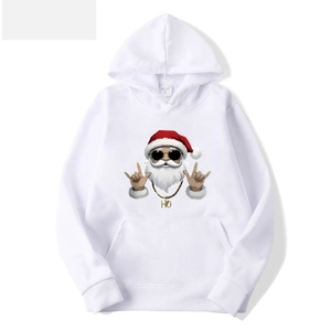 White hoodie with hip hop Santa Claus graphic print and kangaroo pocket for casual wear