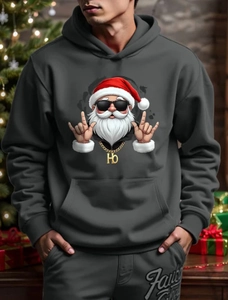 Detail of Santa Claus print hoodie featuring heavy cotton fabric and kangaroo pocket style