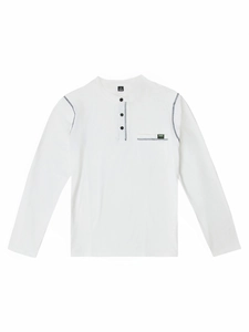 Detail of white cotton Henley shirt with contrast stitching, buttons and chest pocket