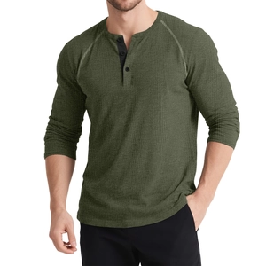 Men's long sleeve waffle knit Henley shirt in olive green with three buttons