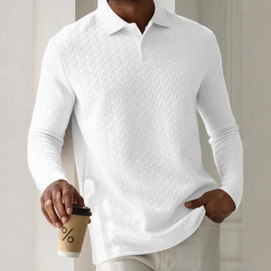 Men's long sleeve white polo shirt with premium textured waffle knit and classic collar