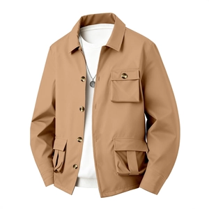 Men's khaki multi-pocket utility jacket with classic collar and button-down front style