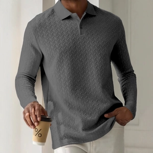 Men's dark gray long sleeve polo shirt with herringbone texture in a casual urban style