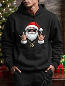 Close-up of black hoodie featuring hip-hop Santa Claus print with gold chain and HO pendant