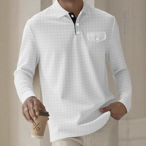 Men's Long Sleeve Polo Shirt Waffle Plaid Textured Casual Top With Chest Pocket Button Lapel Fashion Cotton Blend Shirt
