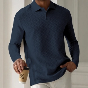 Navy blue men's long sleeve polo shirt with premium textured knit pattern and slim fit design
