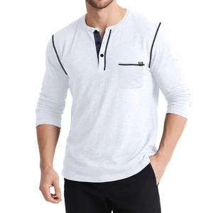 Men's white long sleeve Henley shirt with contrast stitching and pocket detail