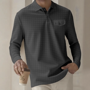 Men's dark grey long sleeve waffle texture polo shirt with buttoned chest pocket